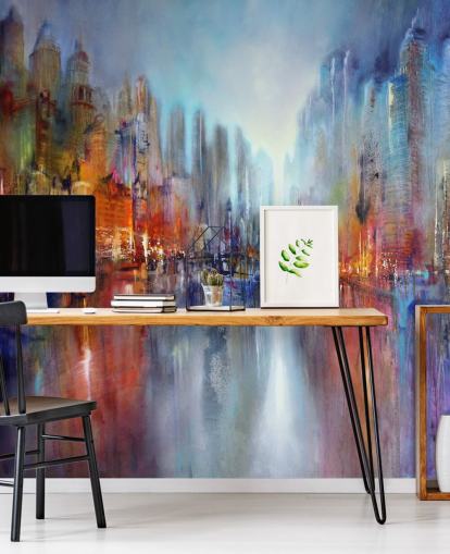 painted abstract of a city with a river flowing through wallpaper