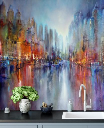 dipinto astratto di una città con un fiume che scorre attraverso carta da parati