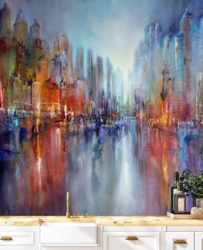 painted abstract of a city with a river flowing through wallpaper