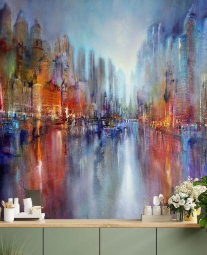 abstract geschilderd van een stad met een rivier die door behang stroomt