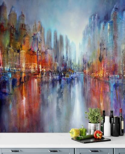 painted abstract of a city with a river flowing through wallpaper
