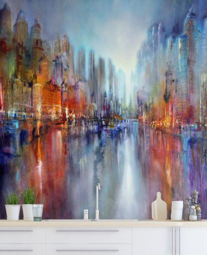painted abstract of a city with a river flowing through wallpaper