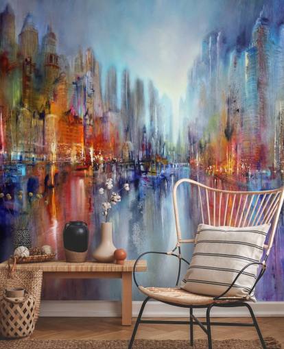 painted abstract of a city with a river flowing through wallpaper