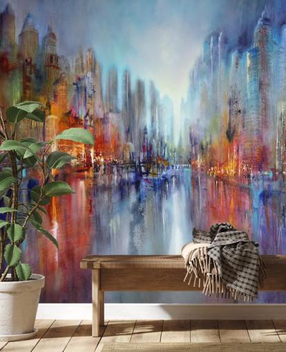 painted abstract of a city with a river flowing through wallpaper
