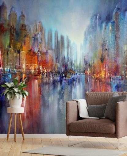 abstract geschilderd van een stad met een rivier die door behang stroomt