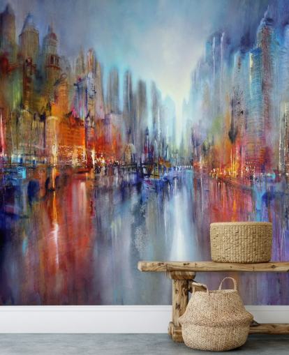 painted abstract of a city with a river flowing through wallpaper