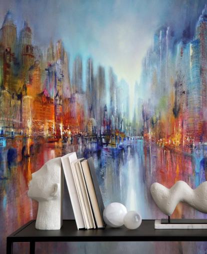 painted abstract of a city with a river flowing through wallpaper