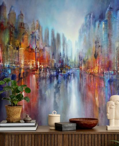 painted abstract of a city with a river flowing through wallpaper