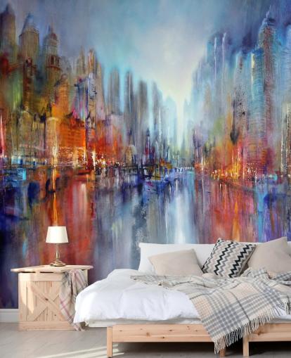 painted abstract of a city with a river flowing through wallpaper