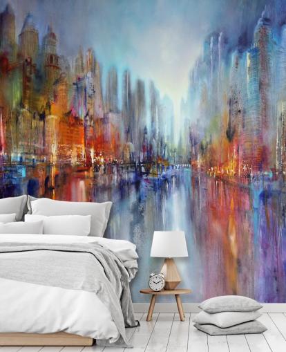 abstrato pintado de uma cidade com um rio fluindo através do papel de parede abstrato pintado de uma cidade com um rio fluindo através do papel de parede