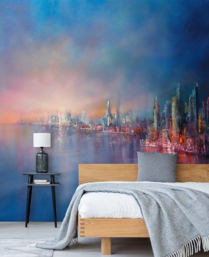 blue and pink city sky abstract wallpaper