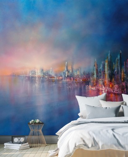 blauw en roze stadshemel abstract behang