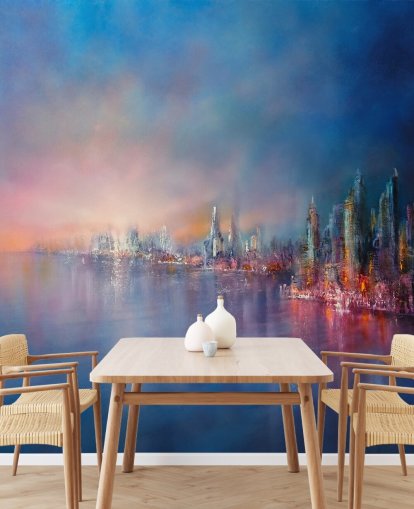 blauw en roze stadshemel abstract behang blauw en roze stadshemel abstract behang