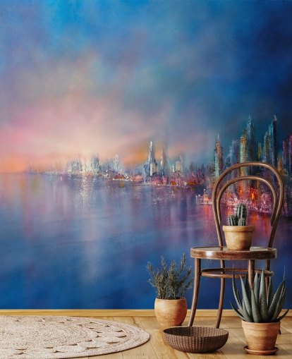 blue and pink city sky abstract wallpaper