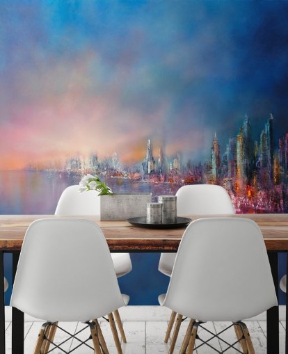 blauw en roze stadshemel abstract behang