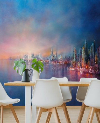 blue and pink city sky abstract wallpaper