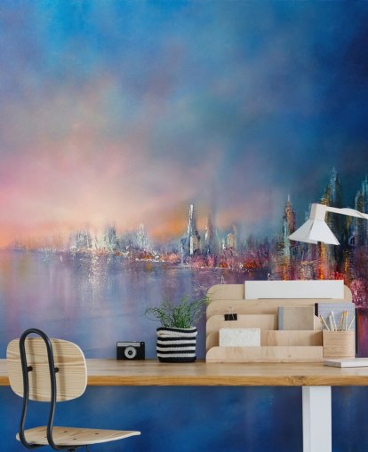 carta da parati astratta cielo città blu e rosa
