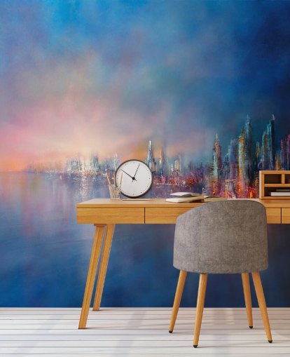 blue and pink city sky abstract wallpaper