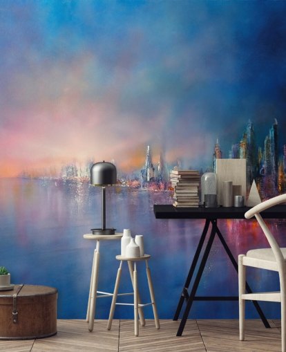 blauw en roze stadshemel abstract behang