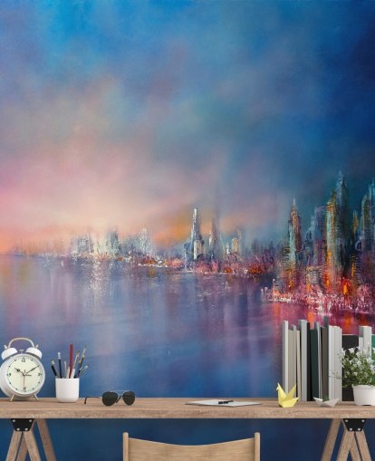 blauw en roze stadshemel abstract behang blauw en roze stadshemel abstract behang