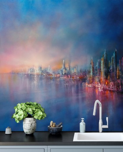 blue and pink city sky abstract wallpaper