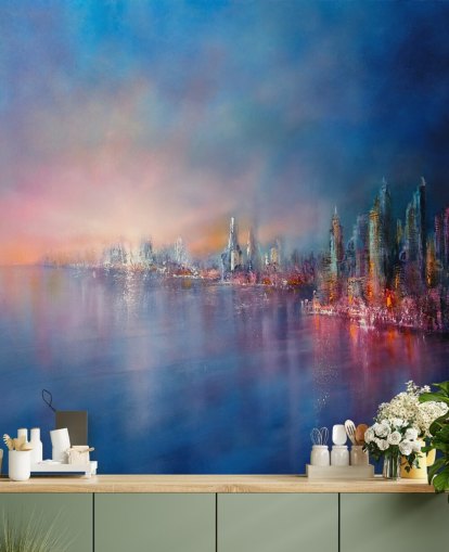 blue and pink city sky abstract wallpaper