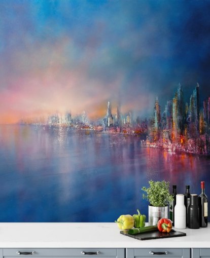 blue and pink city sky abstract wallpaper