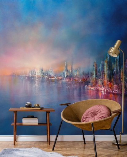 blauw en roze stadshemel abstract behang blauw en roze stadshemel abstract behang