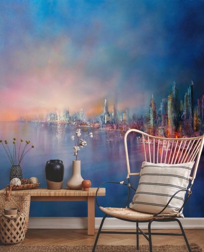 blue and pink city sky abstract wallpaper