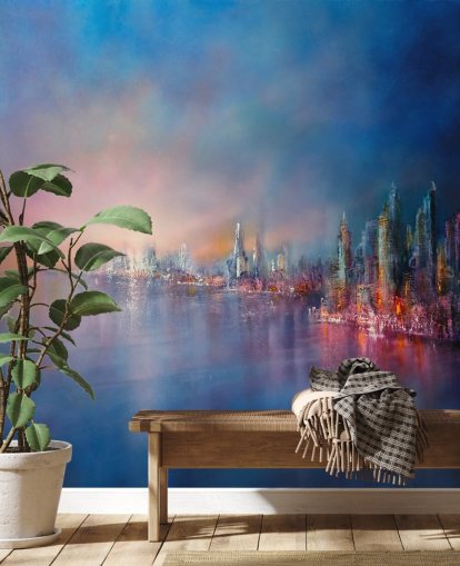 carta da parati astratta cielo città blu e rosa