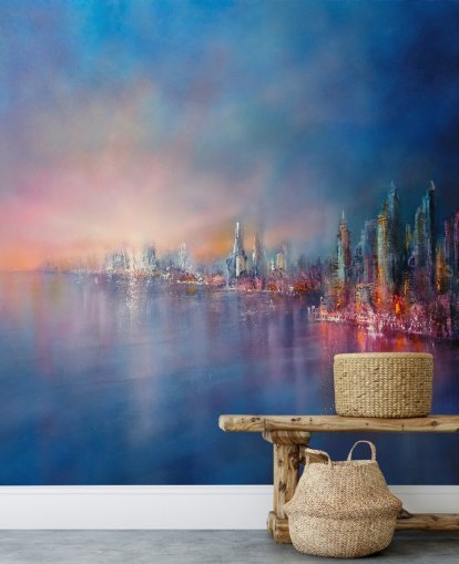 blauw en roze stadshemel abstract behang blauw en roze stadshemel abstract behang