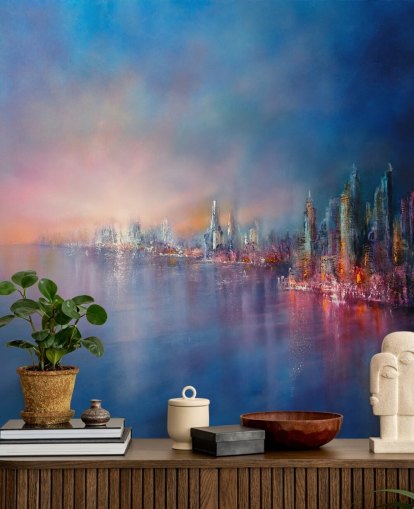 blue and pink city sky abstract wallpaper