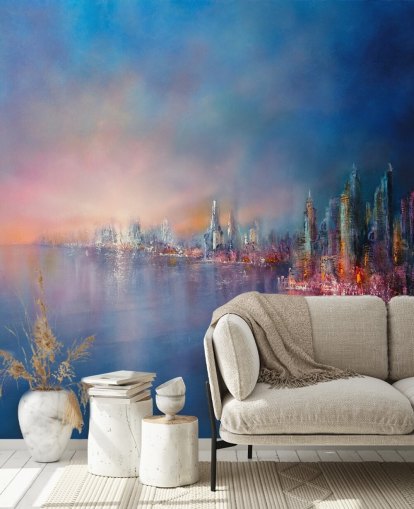 blue and pink city sky abstract wallpaper