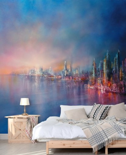 blue and pink city sky abstract wallpaper