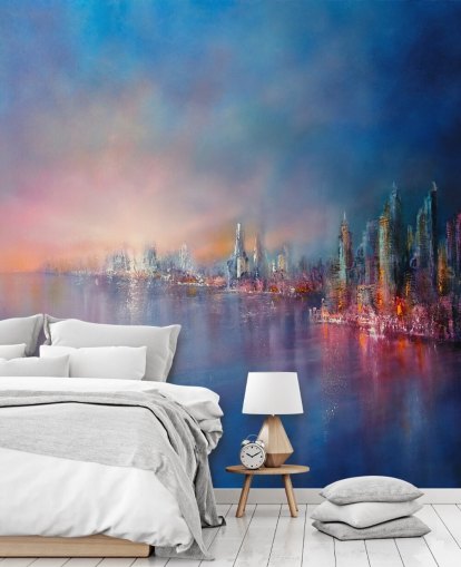 blue and pink city sky abstract wallpaper