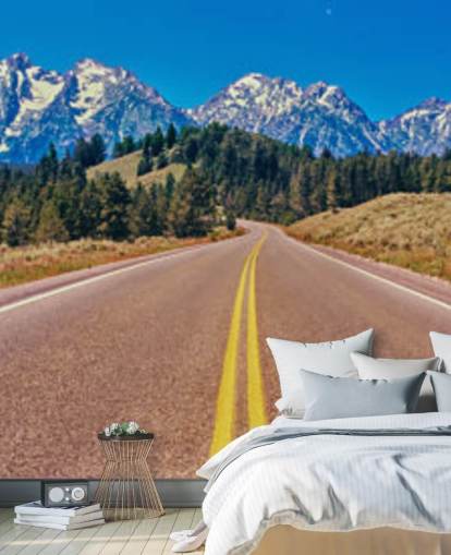 yellow lined road to blue mountain range wallpaper