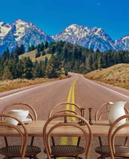 yellow lined road to blue mountain range wallpaper