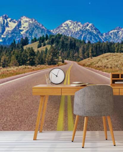 yellow lined road to blue mountain range wallpaper