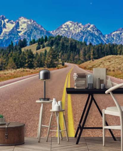 carta da parati gialla della strada verso la catena montuosa blu