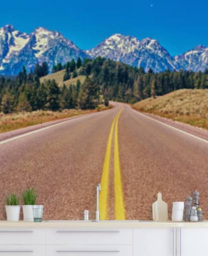 yellow lined road to blue mountain range wallpaper