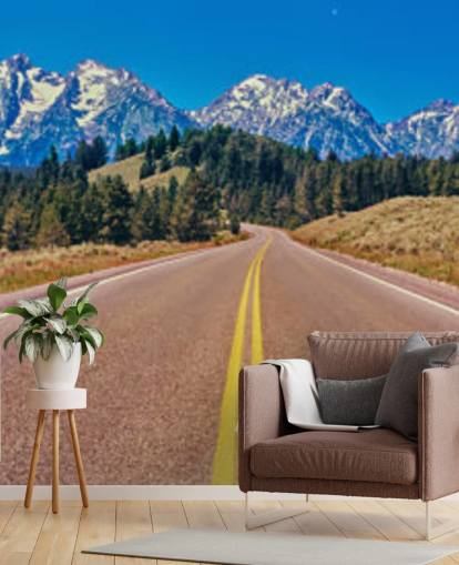 yellow lined road to blue mountain range wallpaper