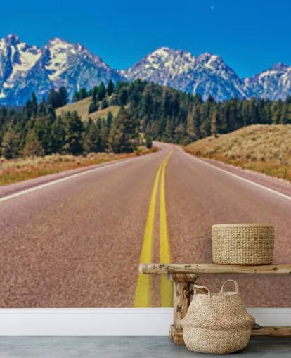 yellow lined road to blue mountain range wallpaper