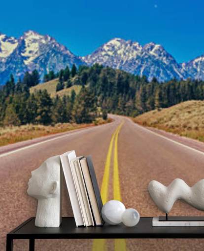 yellow lined road to blue mountain range wallpaper