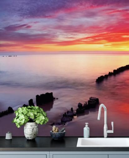 Rosa og lilla Sunset Beach i Polen Bakgrunn