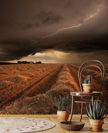 Lightening Above Hay Field Wall Mural