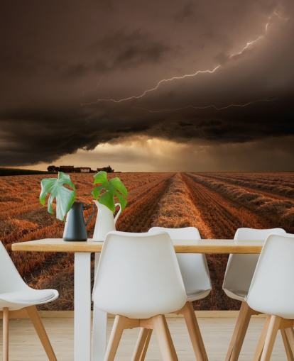 Lightening Above Hay Field Wall Mural