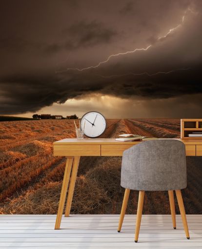 Lightening Above Hay Field Wall Mural