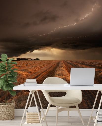 Lightening Above Hay Field Wall Mural