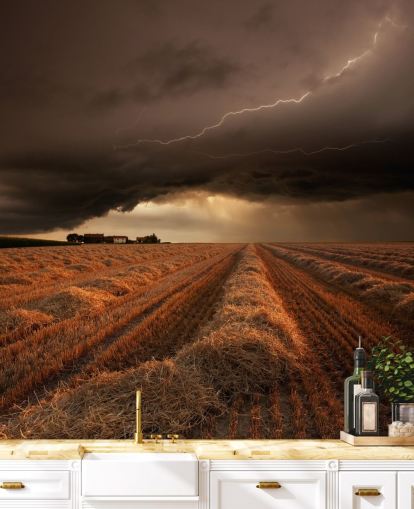 Lightening Above Hay Field Wall Mural