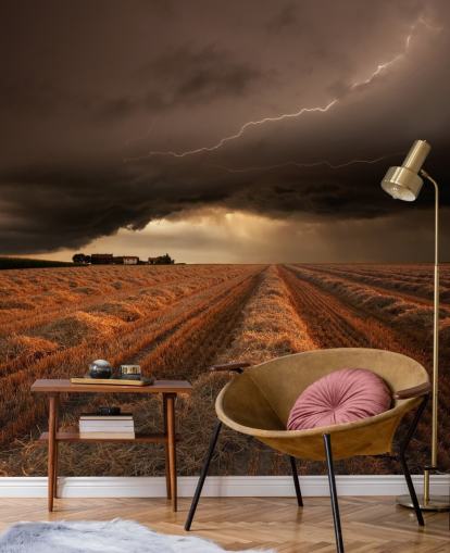 Lightening Above Hay Field Wall Mural